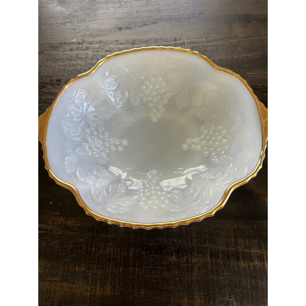 Anchor Hocking Milk Glass Paneled Grape Bowl Gold Trim Scalpd  Edge Vintage VGUC